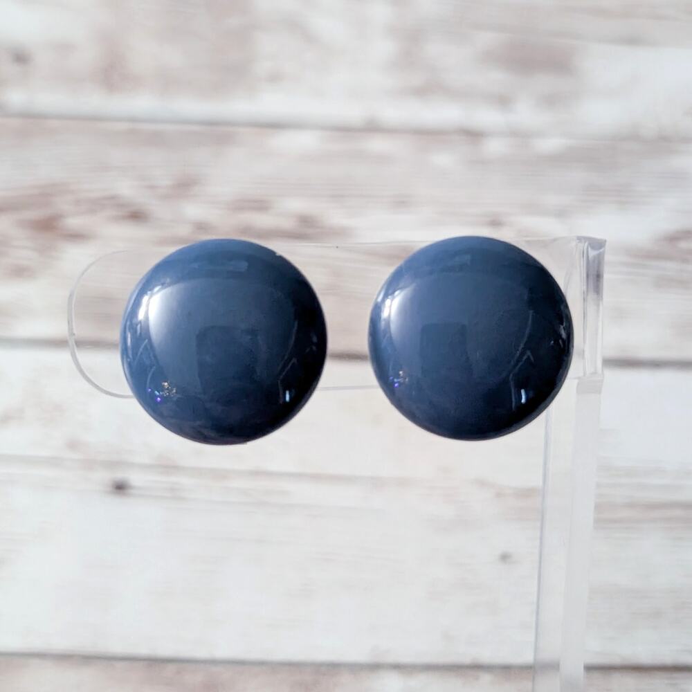 Vintage Clip On Earrings Just Over 0.75" Dark Blue Domed Circle Retro